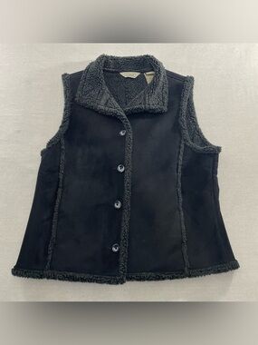 LL Bean Black Button Front Shearling Faux Suede Lined Vest Women’s Large 0 GHP1